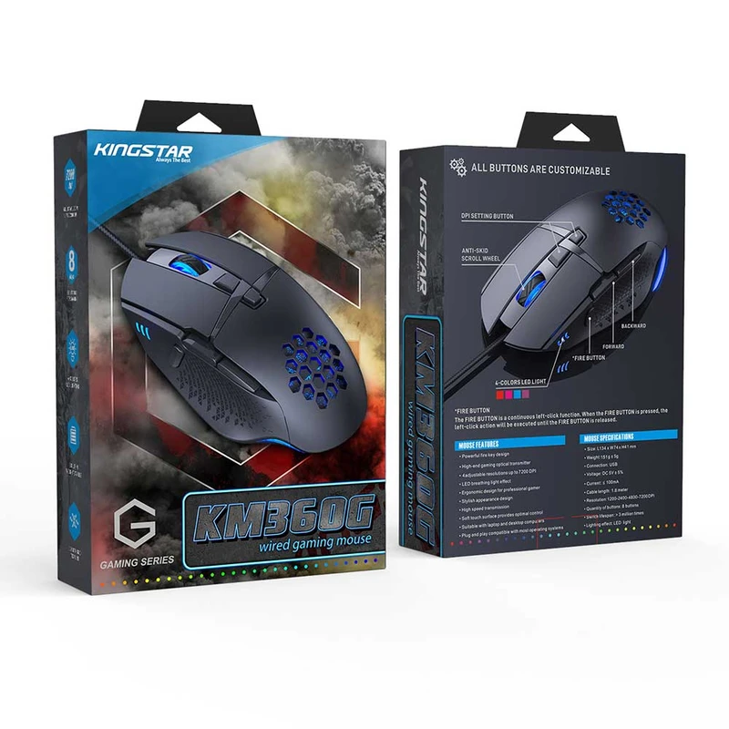 ماوس کینگ استار KM360G 🖱️ با طراحی ارگونومیک 📏 و نورپردازی RGB 🌈 برای تجربه حرفه‌ای بازی 🎮