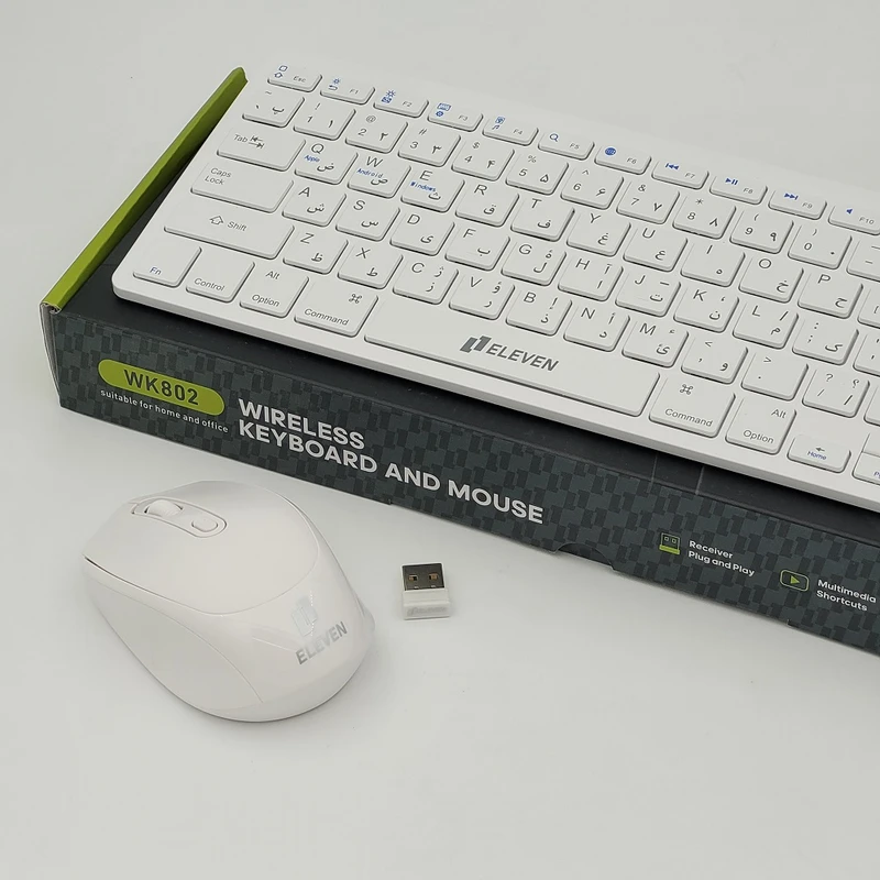 بسته‌بندی کیبورد و ماوس ایلون مدل WK802 📦 با ست کامل و دانگل USB 🔌