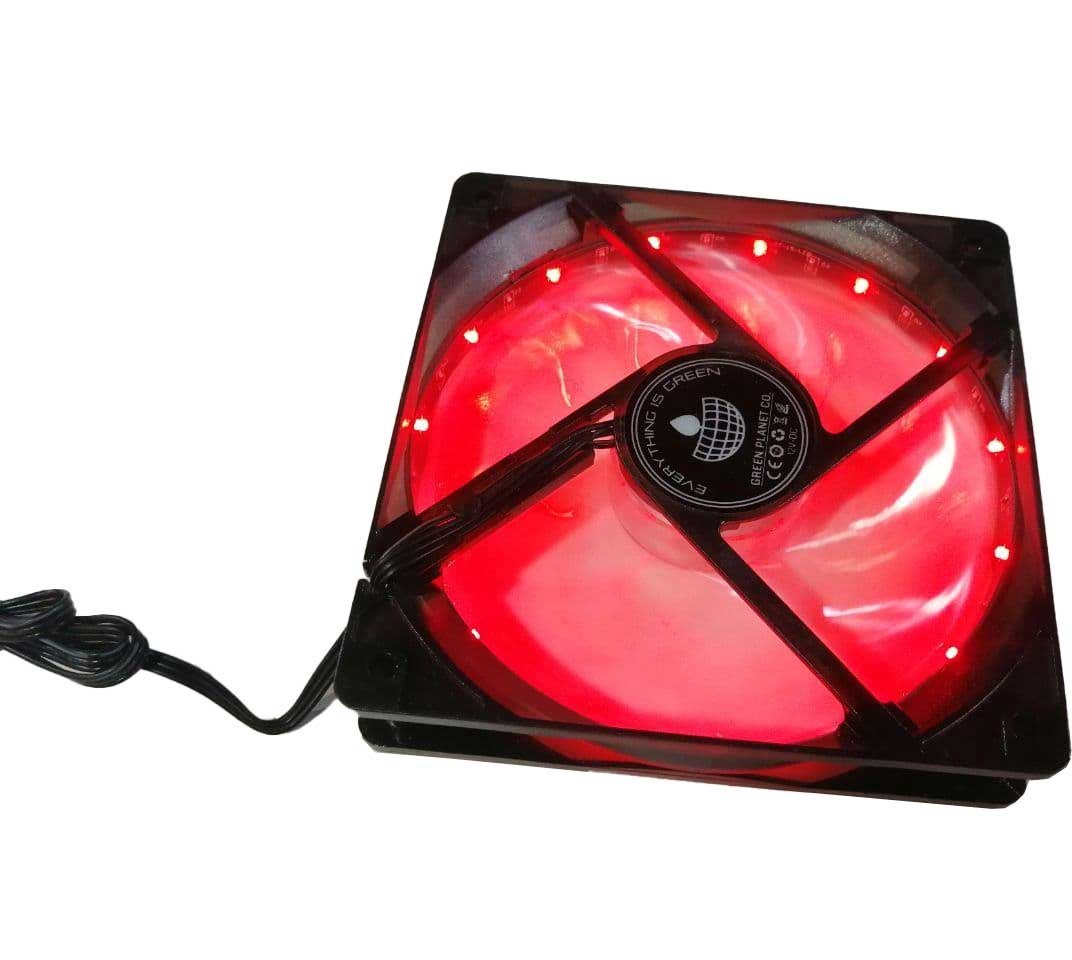 فن چراغ‌دار ۱۲ ولت GREEN سایز ۱۲×۱۲ سانتی‌متر 🌬️ با LED داخلی 💡 مناسب خنک‌سازی کیس کامپیوتر و قطعات الکترونیکی 💻