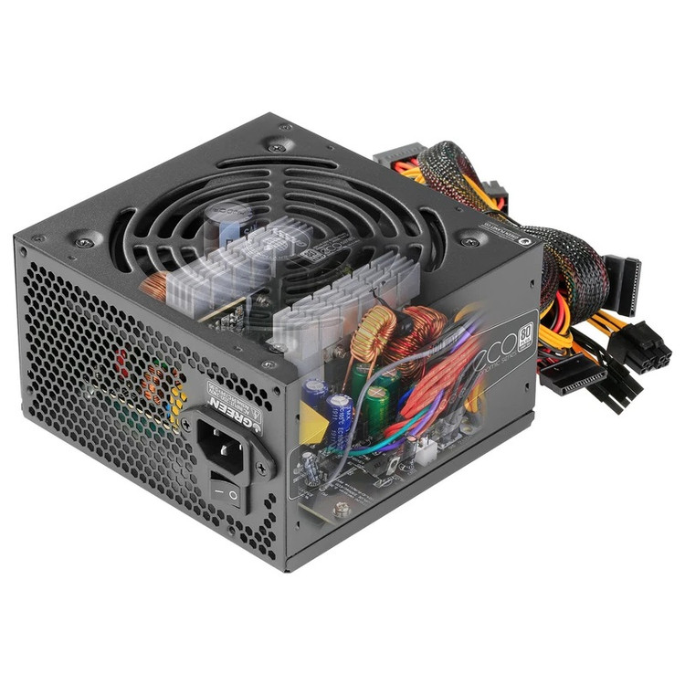 نمای نزدیک پاور گرین GP400A-ECO Rev3.1 🔌 با طراحی ECO و فن ۱۲ سانتیمتری کمصدا 🌿