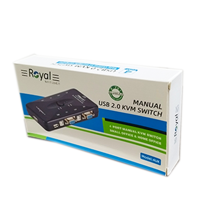 سوییچ 4 پورت KVM رویال مدل KVM-4UK با کنترل همزمان 4 کامپیوتر از طریق یک کیبورد، ماوس و مانیتور، پشتیبانی از USB و ویدئو Full HD