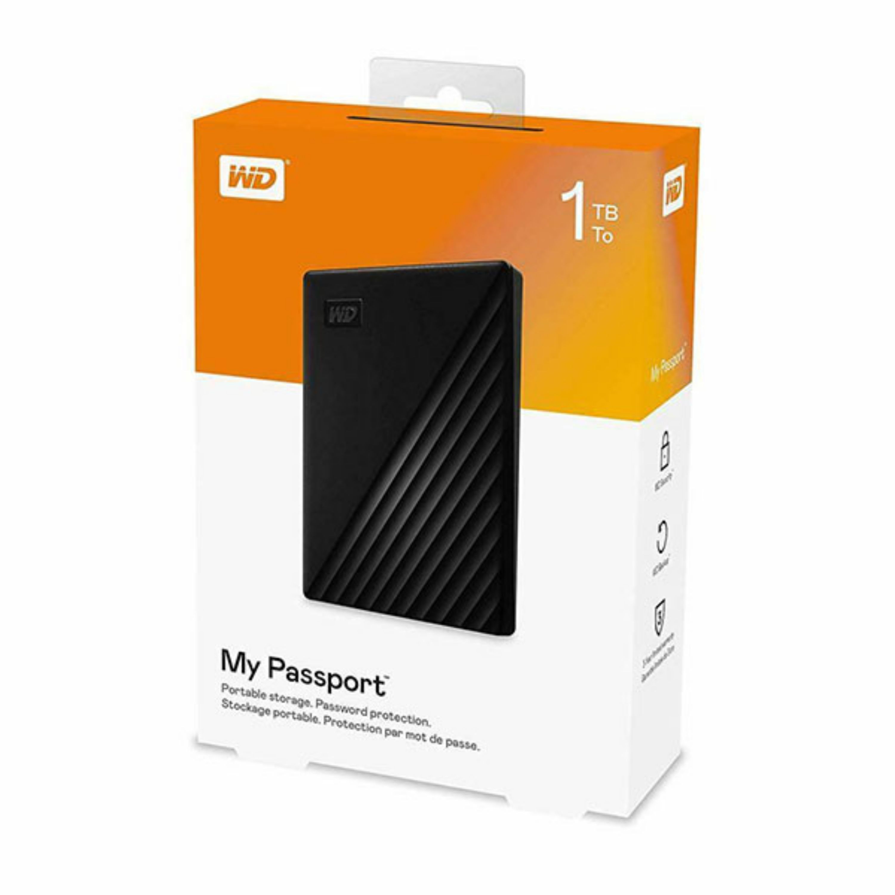 بسته‌بندی هارد اکسترنال WD My Passport 📦 با کابل USB 3.0 🔌 و طراحی مقاوم برای حمل آسان