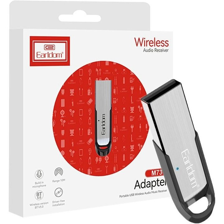 بستهبندی دانگل بلوتوث ماشین Earldom M73 📦 با کابل USB 🔹 مناسب استفاده در خودرو 🚗