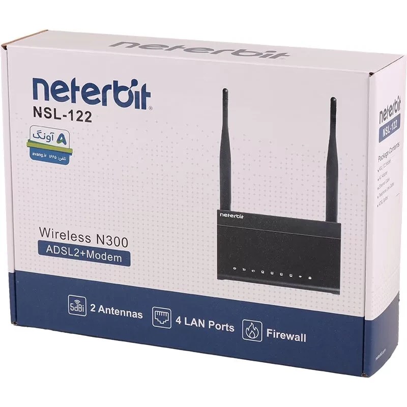 بسته‌بندی مودم روتر ADSL2+ نتربیت مدل NSL-122 📦 همراه با کابل و آداپتور 🔌